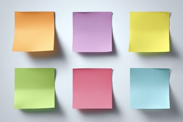 Six colorful blank sticky notes on white background. Perfect for presentations, websites, and social media. Ideal for adding messages, reminders, or memos.