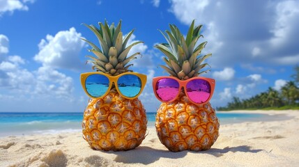 Two pineapples in sunglasses on a sandy beach.