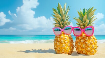 Two pineapples in sunglasses on a tropical beach.