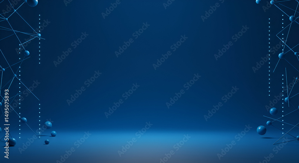Poster abstract geometric design of interconnected spheres and lines in a dark blue studio setting. modern 