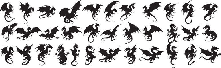Dragon silhouettes vector collection flying dragons tattoo designs mythical creatures fantasy art black and white set