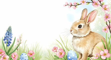 Obraz premium Cute Rabbit Surrounded by Flowers and Easter Eggs for Spring Design