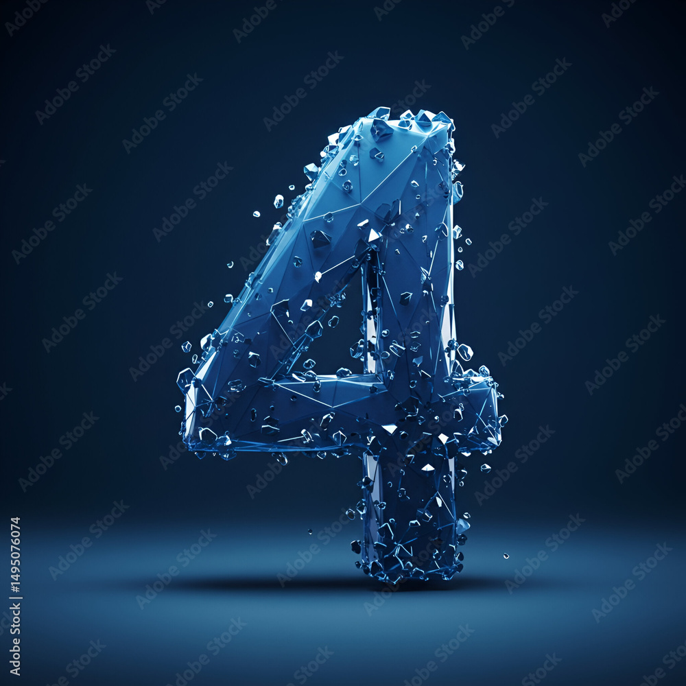 Poster abstract 3d rendering of a number four, composed of fractured, polygonal facets, in a deep blue hue.