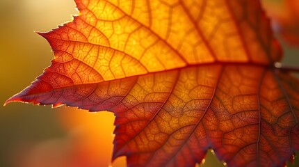 Vibrant autumn leaf close-up. Detailed veins, warm orange and red hues. Perfect for fall themes, nature backgrounds, and seasonal designs.