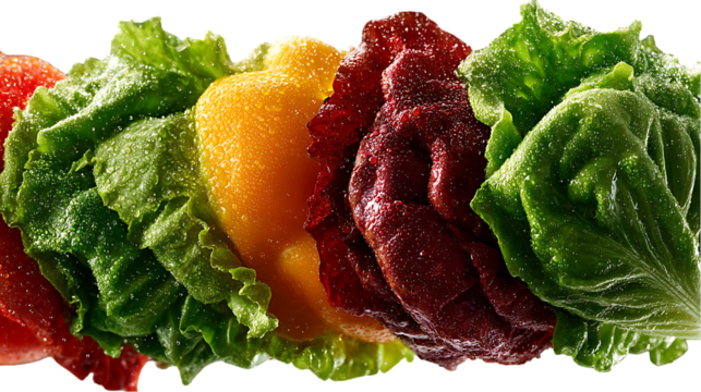 Horizontal arrangement of colorful vegetables, including lettuce and bell peppers, presented in a close-up, detailed style, highlighting their vibrant colors and moist textures. Isolated on Transparen