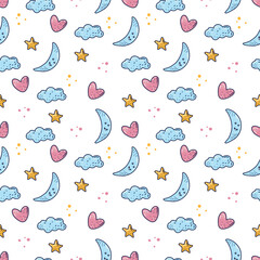 Delicate clouds, seamless pattern with sky, cartoon style for design. Happy childhood dreams.