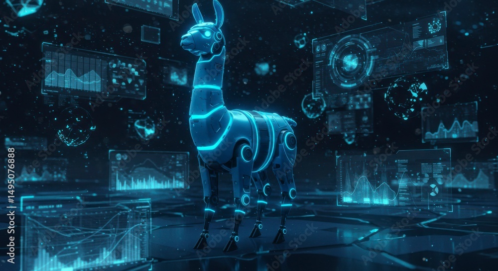 Poster futuristic robotic llama surrounded by data visualizations