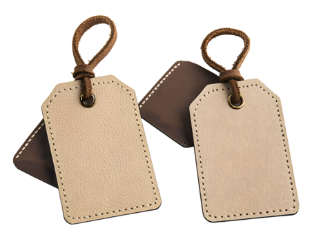 Neutral Toned Luggage Tags with Leather Straps on Transparent Background