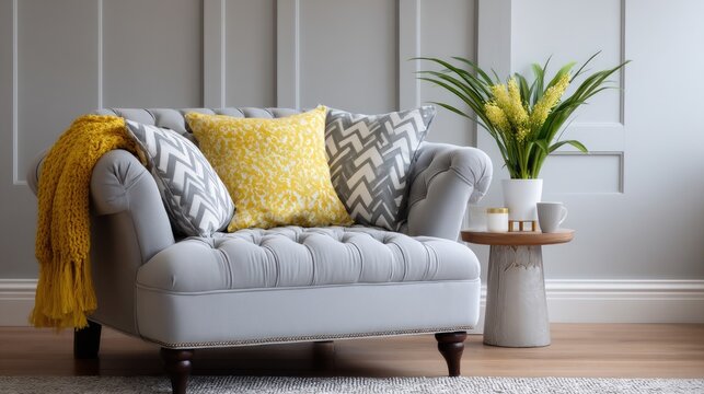Elegant living room showcases a designer armchair, wooden side table, and personal accessories for a minimalistic home style