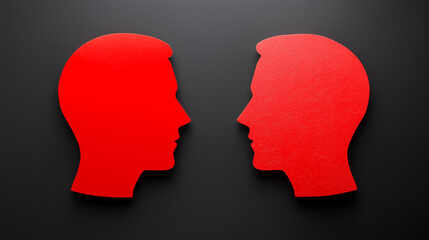 Two Red Heads in Profile Facing Each Other, Symbolic of Communication and Dialogue