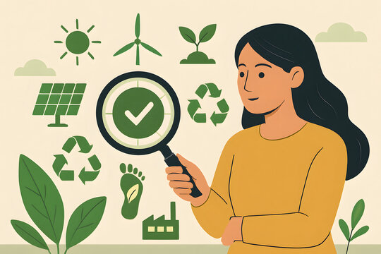Eco-Consciousness: A graphic illustration of a woman inspecting environmentally friendly symbols through a magnifying glass, signifying environmental awareness, sustainable choices.