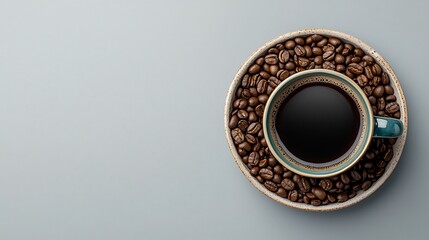 Dark coffee in teal mug, surrounded by coffee beans