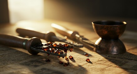 Jeweler tools with amber stones and small copper pot