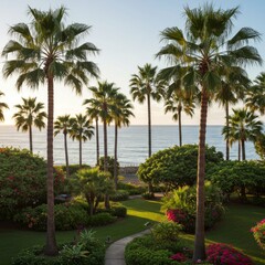 Serene Tropical Garden with Ocean View at Sunrise