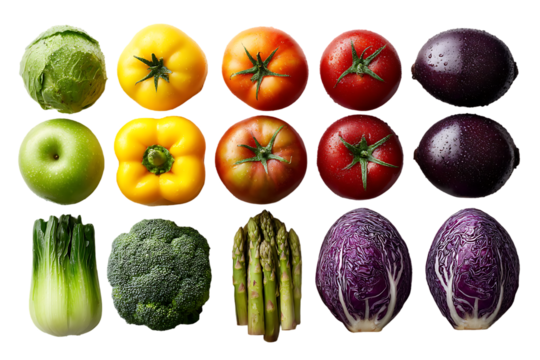 High-angle, close-up view of a collection of colorful vegetables and fruits, showcasing a variety of shapes and hues. Isolated on Transparent Background PNG