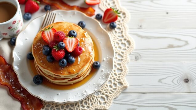 Mesa de desayuno con panqueques, jarabe de arce, bayas frescas