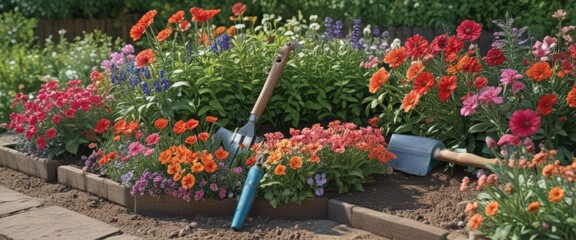 Close-up of vibrant flowers in a garden bed, various gardening tools neatly arranged nearby,  colorful,  earth,  trowel