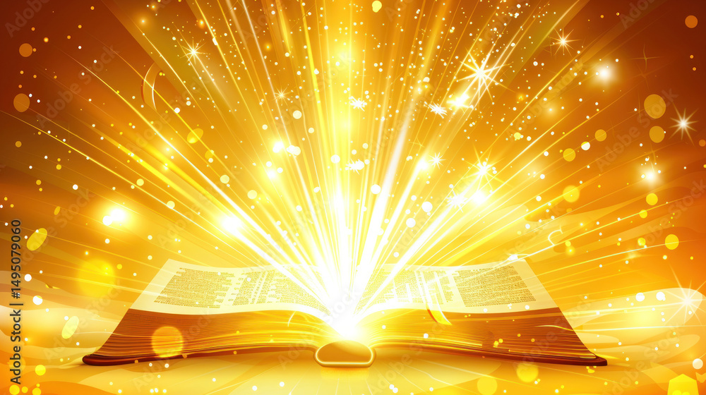 Poster radiant book with explosive light and sparkles emerging from pages in a magical atmosphere