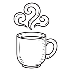 Cute Groovy Relaxing Line Art Illustration of a Steaming Cup of Hot Tea or Coffee with Swirl Steam