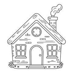 Cute Groovy Fairytale Line Art Illustration of a Cozy Cottage House with Chimney and Windows