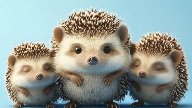 Three adorable hedgehogs standing together against a blue background, showcasing their playful nature