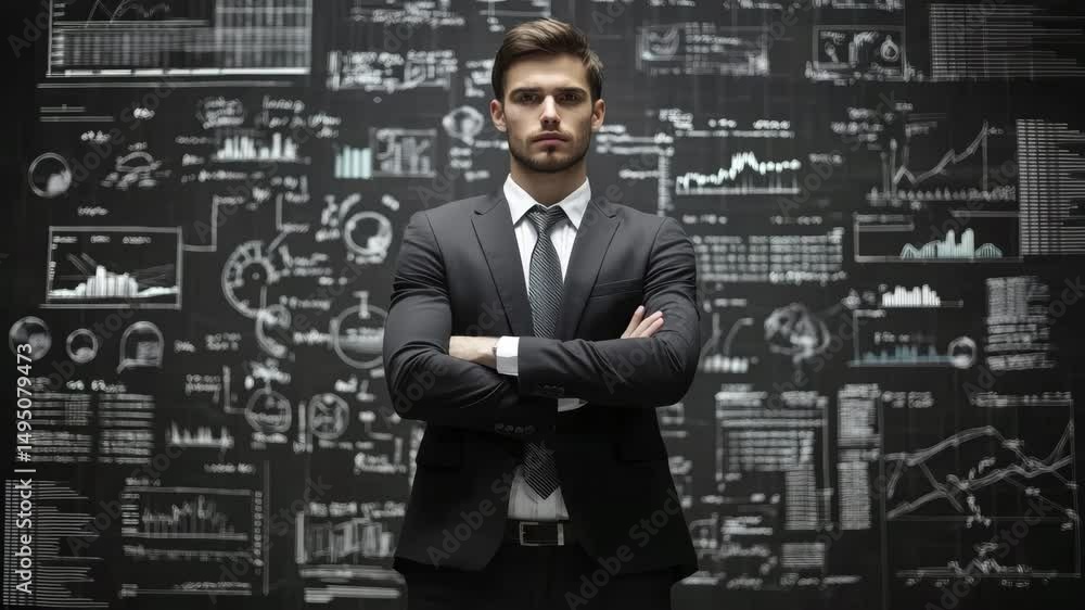 Poster a man in a suit with his arms crossed, standing in front of a background filled with charts and data