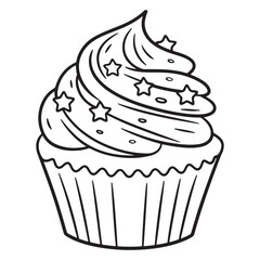 Cute Groovy Dessert Line Art Illustration of a Frosted Cupcake with Swirl Icing and Sprinkles