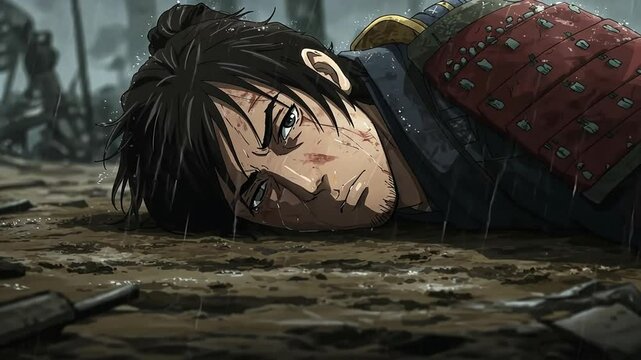 Pixelated Warrior Lying On Muddy Ground In Rain After Battle Shows Defeat And Sorrow