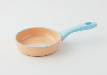 3D Illustration of Peach colored frying pan with a light blue handle isolated on white background