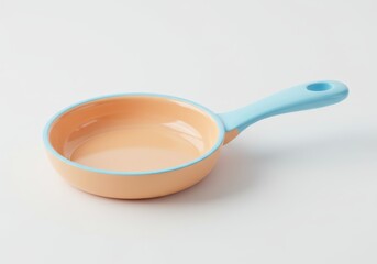 3D Illustration of Peach colored frying pan with blue handle isolated on white background