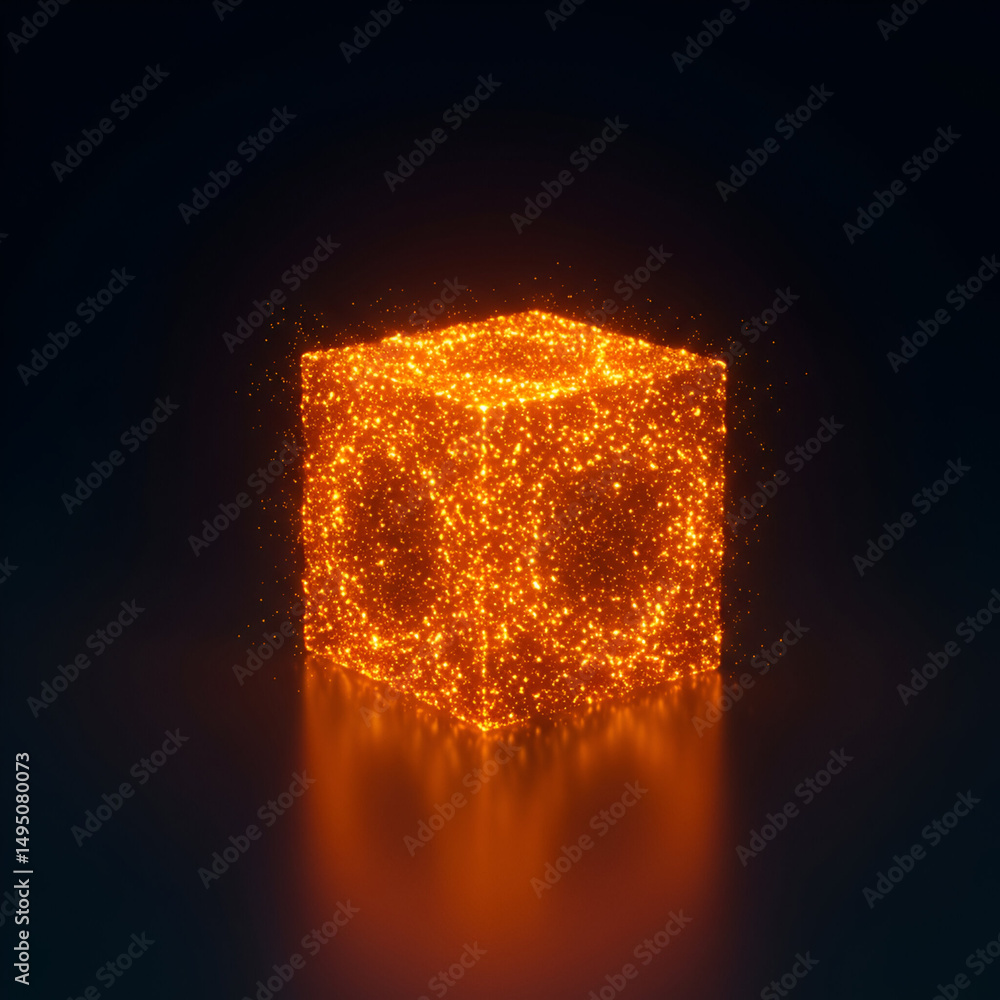 Poster 3d glowing cube of particles in dark studio setting. abstract object illuminated with orange light p