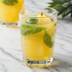Refreshing Pineapple Basil Fizz in Glass on Marble