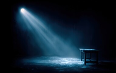 Moody, dark room with spotlight on old wooden table. Perfect for horror, mystery, or dramatic concepts. Ideal for websites, book covers, and film.