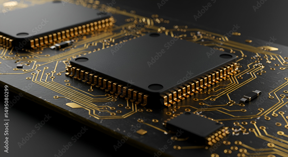 Poster close-up view of circuit board components with black chips and gold connectors on a dark background.
