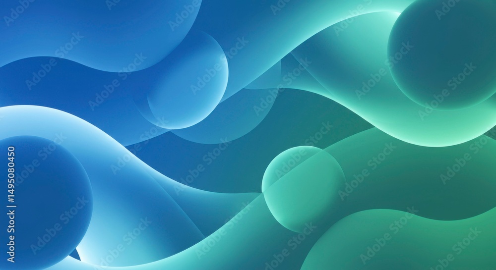 Poster abstract swirling forms in teal and blue hues, creating a dynamic and flowing visual composition