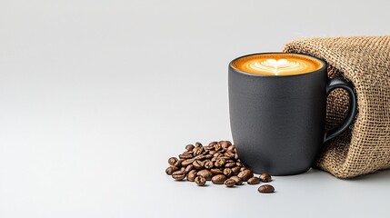 Dark coffee mug with latte art, coffee beans