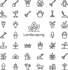 Landscaping and gardening line icon set.