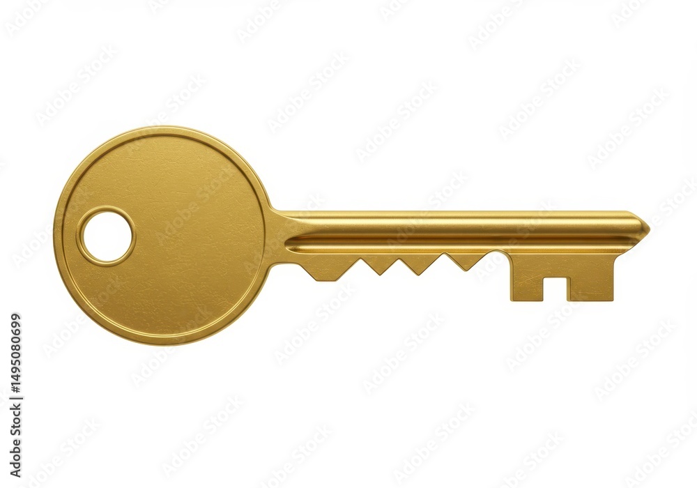 Poster 3d illustration of golden key isolated on white background representing security and access