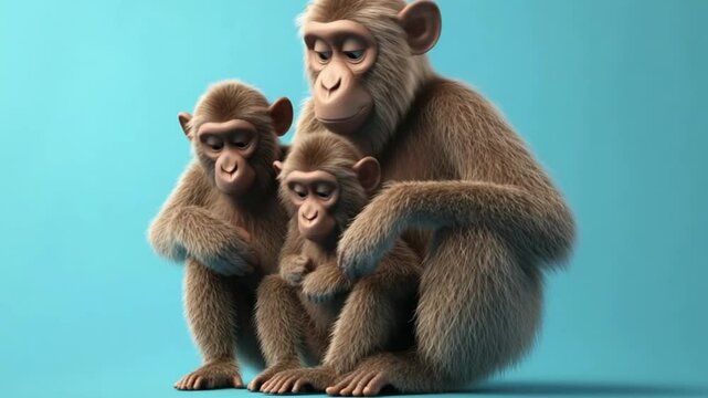 Three realistic-looking monkeys sitting together on a vibrant blue background, showcasing family bonds