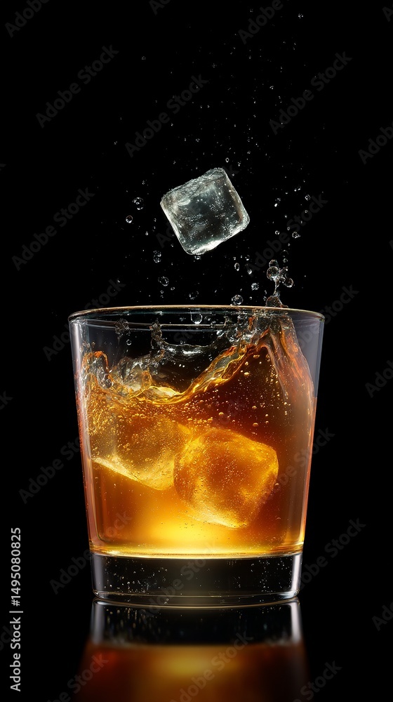 Poster a refreshing glass of whiskey with ice cubes splashing into it. this image captures the essence of r