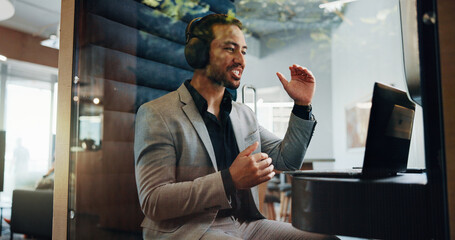 Business, video call and man in cubicle, laptop and communication with global trade. Pod, employee...