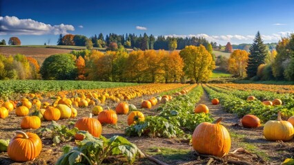 A large pumpkin patch with vines stretching across the field on a crisp autumn day, surrounded by trees displaying vibrant fall colors and a clear blue sky , squash, farm