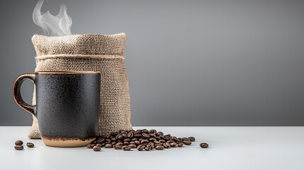 Dark mug and burlap sack of coffee beans steaming