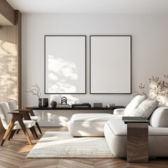 Frame mockup, ISO A paper size. Living room wall poster mockup. Interior mockup with house background. Modern interior design. 3D render
