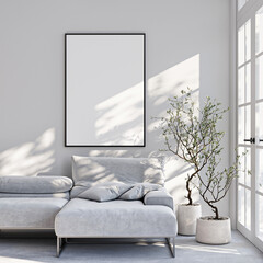 Frame mockup, ISO A paper size. Living room wall poster mockup. Interior mockup with house background. Modern interior design. 3D render

