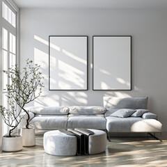 Frame mockup, ISO A paper size. Living room wall poster mockup. Interior mockup with house background. Modern interior design. 3D render
