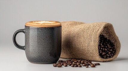 Dark mug of coffee with latte art and burlap coffee bean bag