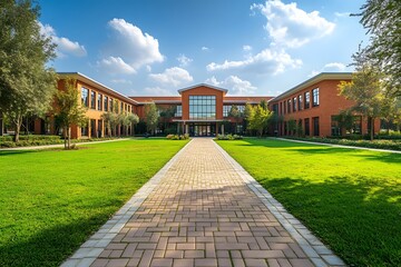 Brick Building with Green Lawn and Paved Path Under a Cloudy Blu