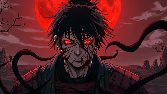 Pixelated Warrior Portrait Featuring Red Glowing Eyes and Blood Stains Against a Dark Red Moonlit Backdrop
