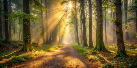 Obraz premium Warm sunlight breaks through a veil of mist in an ancient forest, casting dappled shadows on the forest floor and illuminating the path ahead , woodland, nature